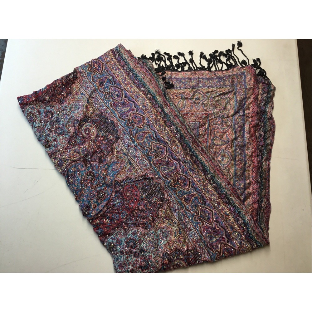 Pashmina Wrap Scarf Shawl Multicolor Paisley Embellished Black Tassel